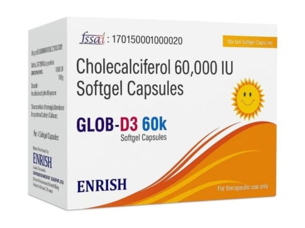 Glob-D3 60k Softgel Capsules | High Strength Vitamin D3 (Cholecalciferol 60,000 IU) for Bone Strength, Muscle Health, Calcium Absorption, Strong Teeth, Joint Pain Relief, Immunity Boost, Brain & Nervous System Support
